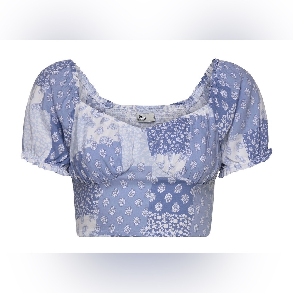 Hollister Co. Blue Paisley patchwork puff sleeve corset crop top Size Large